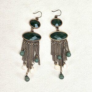 Lucky Brand Antiqued Brass Tiered Tassel Statement Earrings - Green Stone & Bead